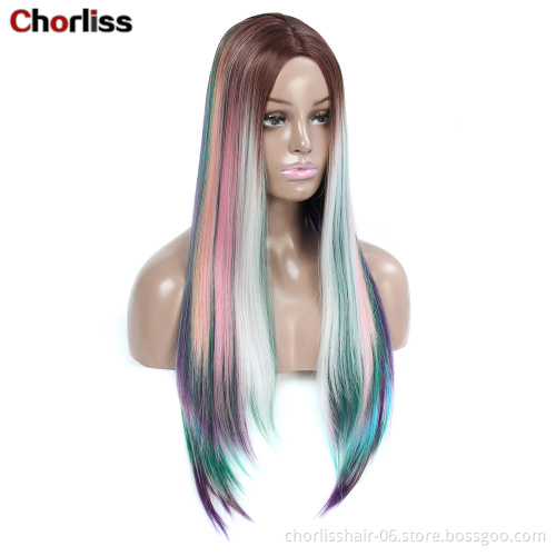 Hot Sale 24inch Win Red Rainbow Long Straight Hair Wig Ombre Heat Resistant Full Cheap Woman Synthetic Hair Wigs Cosplay